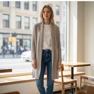 Halogen 100% Cashmere Cardigan Shawl Collar Womens S/M Gray Open Sweater Duster